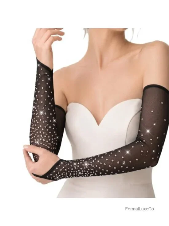 Rhinestone Fingerless Gloves Long Evening Party Arm Sleeves Sparkly Cosplay