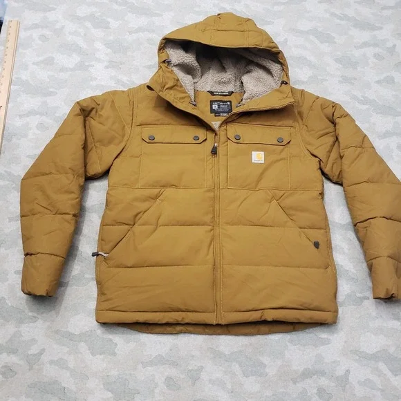 Carhartt Puffer Jacket Mens Small Green Tan Loose Fit Rain Defender‎ Zip Hooded
