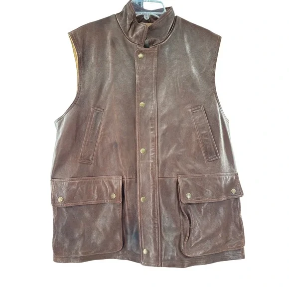 Orvis‎ Mens Munitions Brown Leather Vest Full Zip Pockets Classic Outdoor Size L