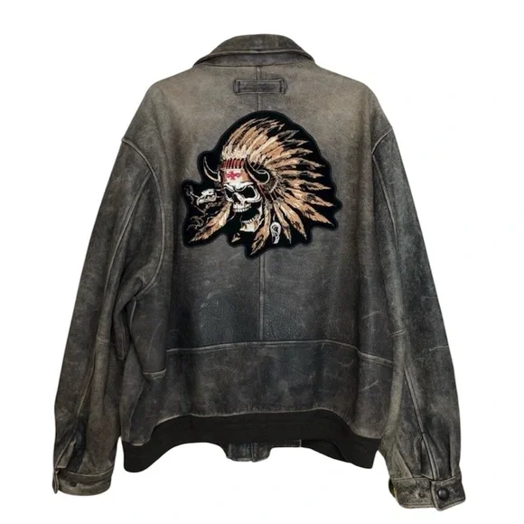 Eddie Bauer Harley Davidson Patch Vintage Distress Leather Brown Mens Jacket XL‎
