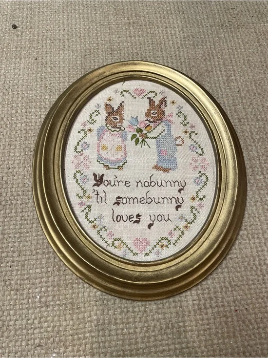 Vintage Framed Needlepoint Wall Art You’re Nobunny 'Til Some Bunny Loves You