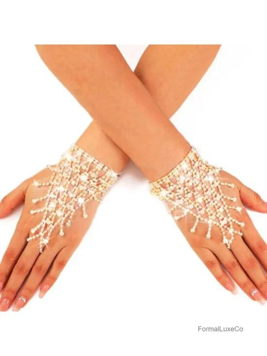 Rhinestone Glitter Fingerless Gloves for Wedding Bride Women