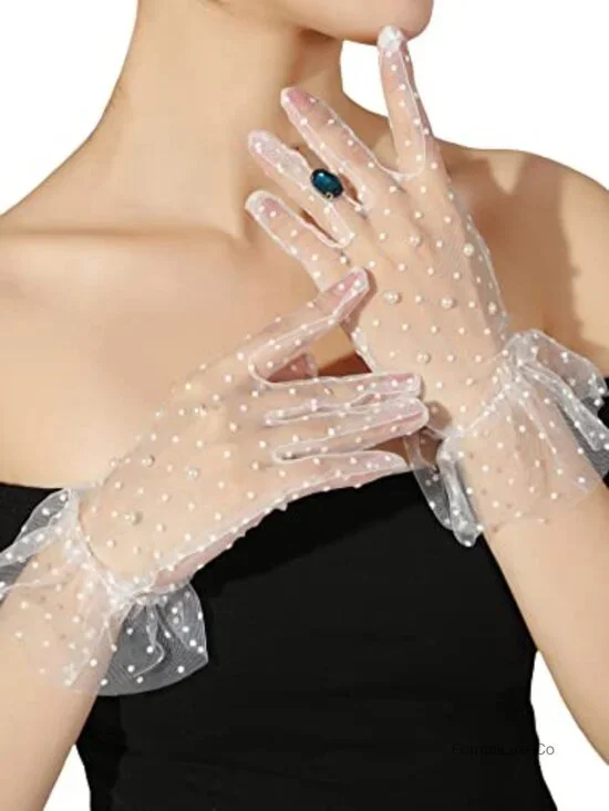 Sheer Mesh Polka Dots Pearls Ruffle Trim Tea Party Gloves