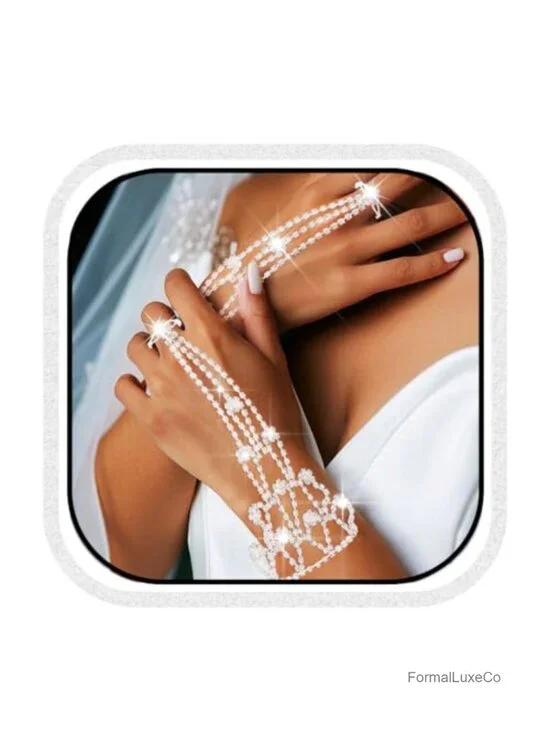 Rhinestone Fingerless Gloves with Hand Chain for Weddings & Prom