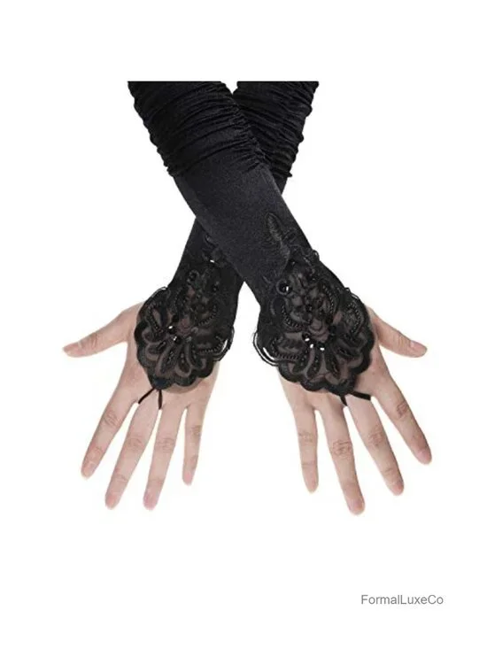 Black Satin Stretchy Long Opera Gloves with Floral Embroidery Sequins Finger