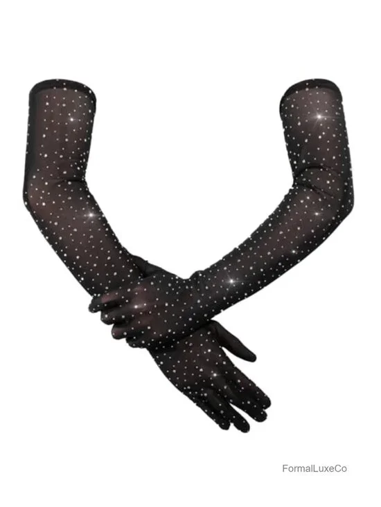 Rhinestone Gloves Fishnet Glitter Mesh Elbow Length Gloves Opera Accessory