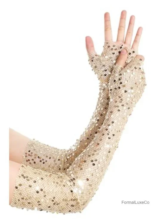 Sequin and Mesh Long Fingerless Gloves Elbow Length Stretchy Opera Gloves
