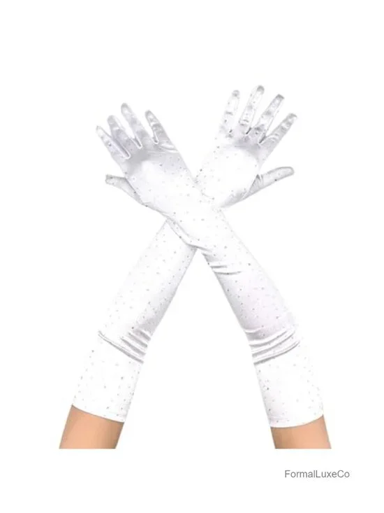 Elbow Length Satin Opera Gloves with Rhinestones