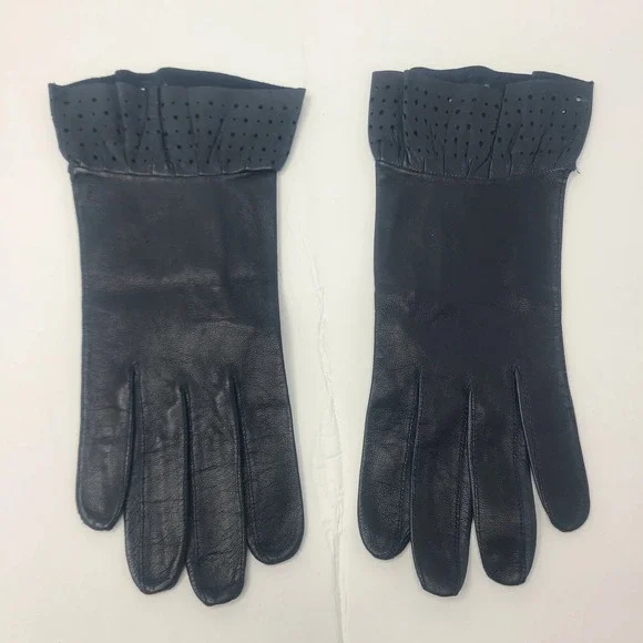 Vtg ROECKL Black Soft Leather Gloves 7 Perforated Ruffled Wrist Luxury Coquette
