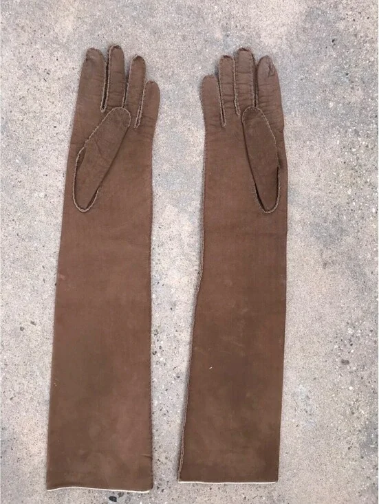 MaxMara Beige Double Lined Leather  Gloves  M 7.5, 19” Long Light Brown