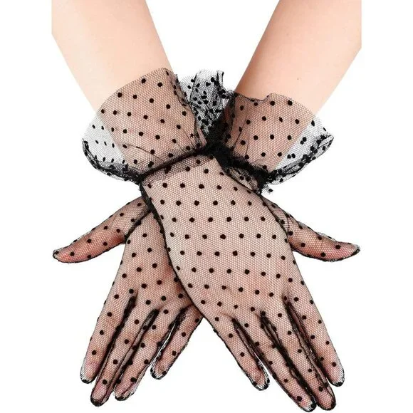 Women's Evening Black Elegant Polka Dot Mitten Lace Gloves Party Tea Accessories