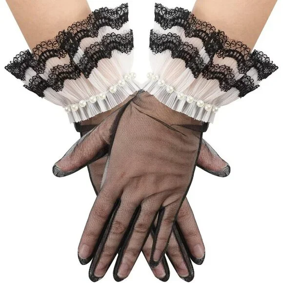 Women's Black 05 Floral Short Length Lace Tulle Mesh Wrist Wedding Party Gloves