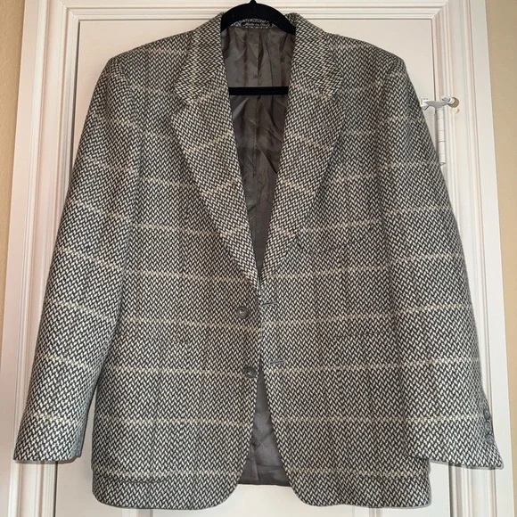 Valentino uomo wool gray/tan/beige tweed jacket size 39s, oversize small‎