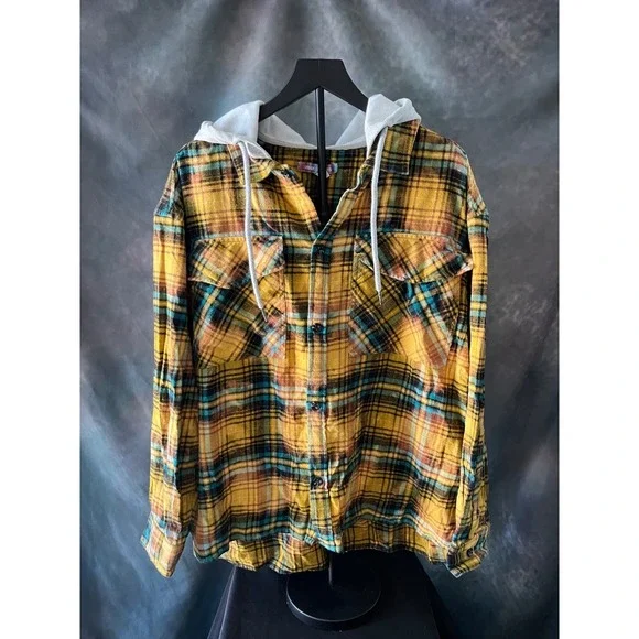 Urban Outfitters Hooded Flannel Shirt Jacket Mens Med Yellow‎ Plaid Long Sleeve
