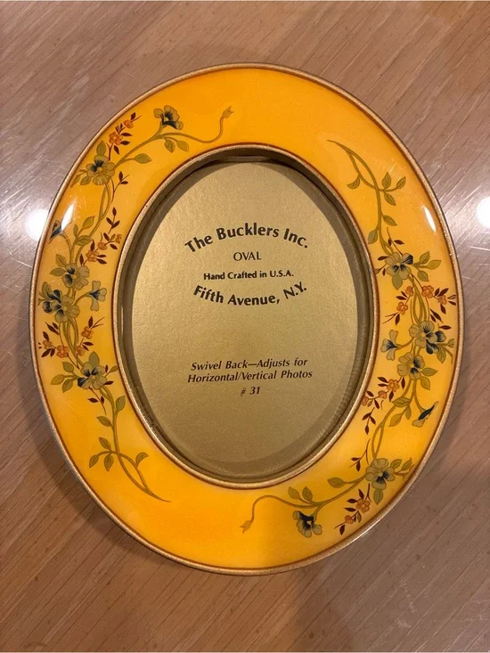 The Bucklers Inc. Photo Frame, Enameled Brass, Hand-crafted, Yellow Floral Oval