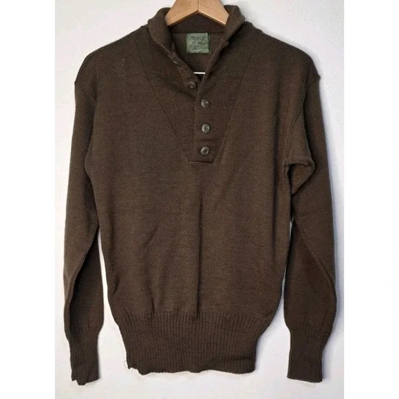 Vintage‎ Army Sweater Shirt Men L 100% Wool 5 Button Military Henley Brown USA