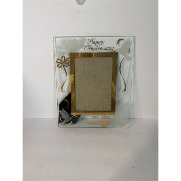 Vintage Glass Happy Anniversary Picture Frame Gold Trim Doves Roses Tabletop 5x7