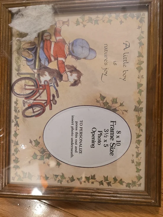 NWOT Wooden Picture Frame with Vintage Boy Illustration - Brown