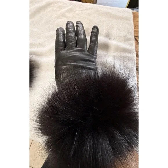 Vintage Black Leather Gloves Real Jumbo Fox Fur Cuffs 1980s Canada Small