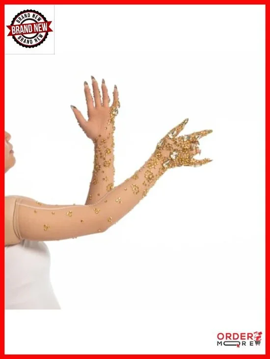 Rhinestone Mesh Opera Gloves with Built-in Gold Nail Tips, Stretchy One Size