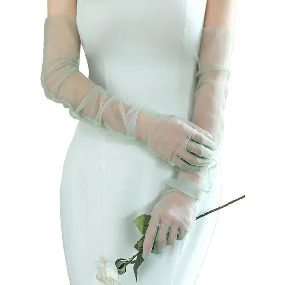 Women's Green Long Tulle Pearl Long Sleeves Gloves Bridal Party Prom Costumes