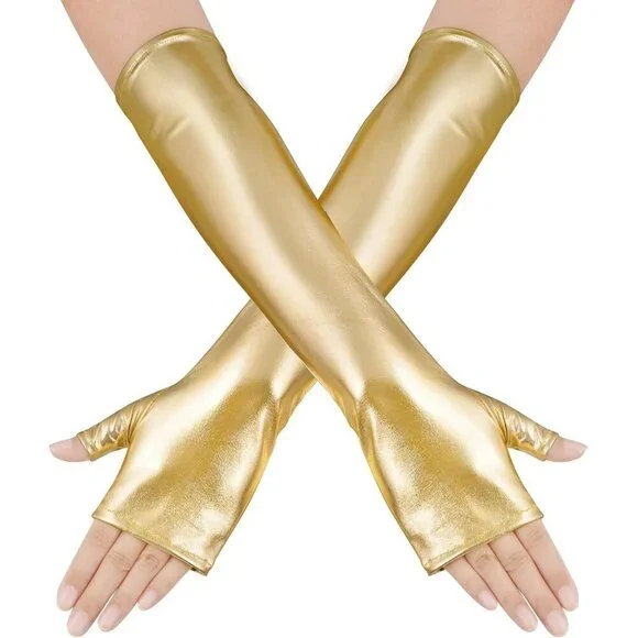 Women's Long Metallic Shiny Fingerless Gloves Gold Party Halloween Costume