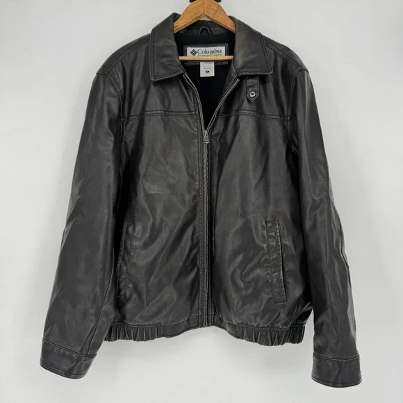 Columbia‎ Faux Leather Full Zip Heavy Bomber Jacket Men's XL Black Fleece Lined