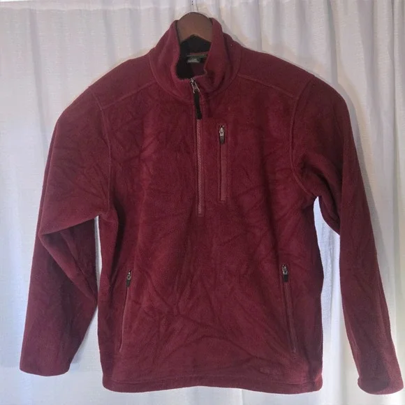 LL Bean Men Red 1/4 Zip Heavy Fleece Sweatshirt Size Small 100%‎ Polyester
