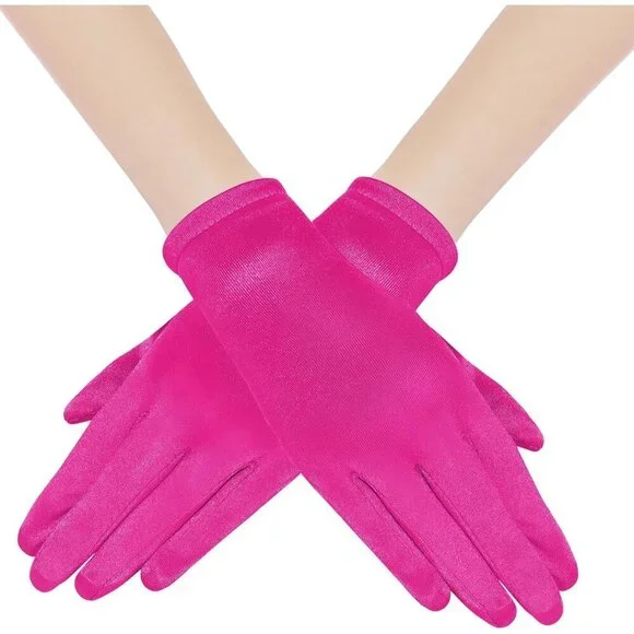 Women's Rose Red Satin Silk Gloves Banquet Wedding Party Costume Accessories