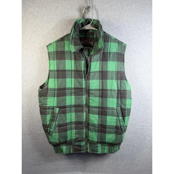 Vintage Greatland Vest Mens Medium Green Plaid Quilted Flannel Insulated 90s