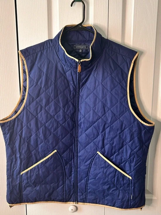 Crown & Ivy Full Zip Quilted Diamond Camel‎ Tan Navy Blue Lining Vest Men's XL