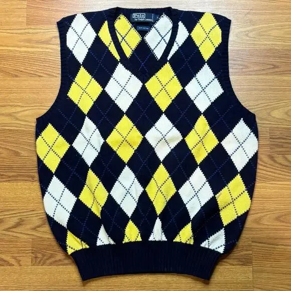 Vtg Polo Ralph Lauren Argyle Sweater Vest L Navy Yellow Cotton Preppy V Neck Y2K