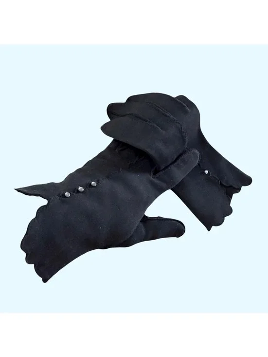 Vintage 1960s Gloves, Black Wrist Length, Scalloped Hem, WOUNDED BIRD, Shortie