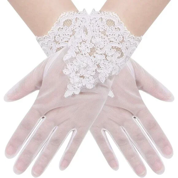 Women's Lvory 09 Floral Short Length Lace Tulle Mesh Wrist Wedding Party Gloves