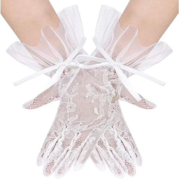 Women's Lvory 08 Floral Short Length Lace Tulle Mesh Wrist Wedding Party Gloves