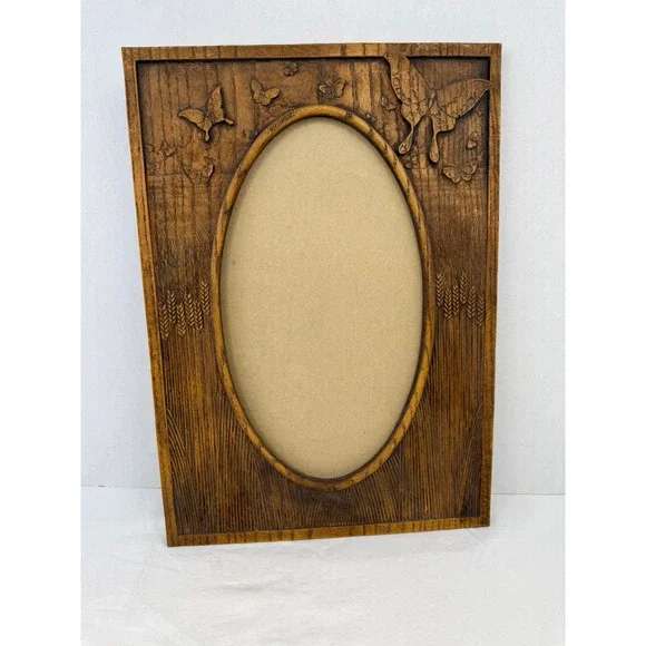 Vintage Faux Wood Resin Butterfly Wheat Oval Picture Frame‎ Rustic Cottagecore