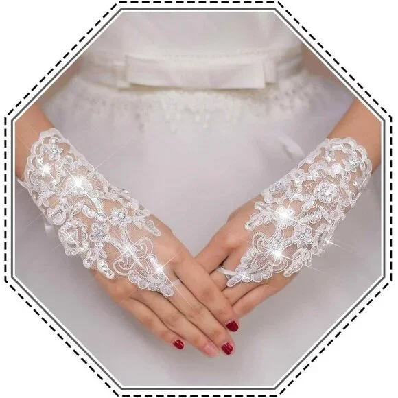 Women's Fingerless Rhinestone Short Lace White Gloves Bridal Wedding Accessories