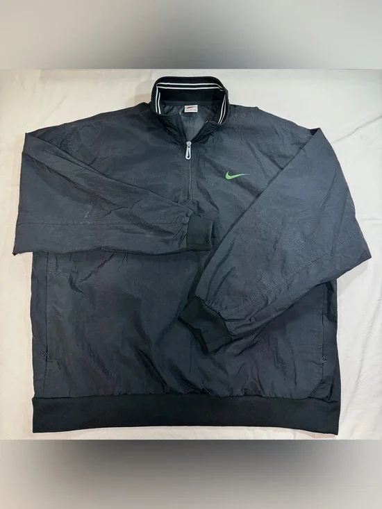 VTG Nike Men's 2XL  Windbreaker Pullover 1/4 Zip Black Embroidered Swoosh Logo