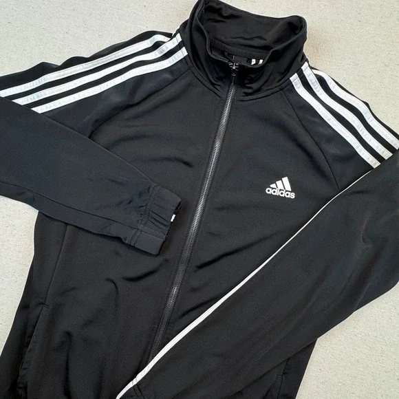 Adidas Mens Track Jacket Size Medium Black White 3-Stripe Full Zip Mock Neck