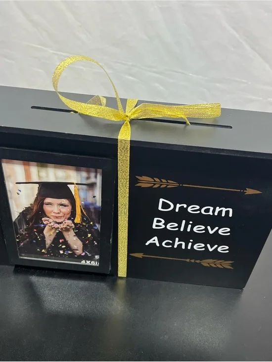 Black 'Dream Believe Achieve' Photo Money Box with Gold Ribbon