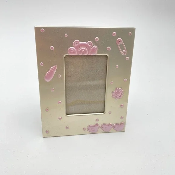 Baby Photo Frame Pink Teddy Bear Chicks Safety Pin Metal Design Tabletop Display