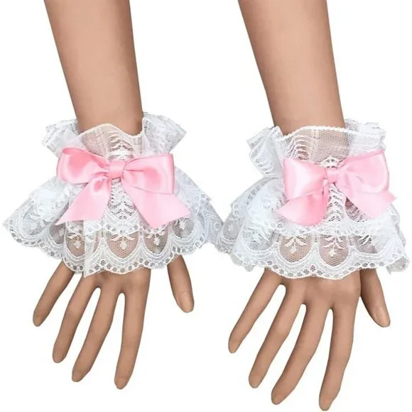 Women's Pink Bow Sexy Lace Hand Sleeve Gloves Elastic Bracelet Cuffs Wrist