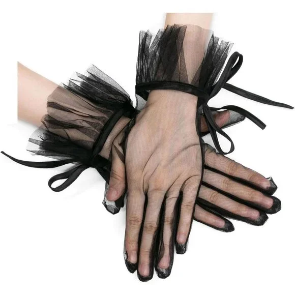 Women's Tulle Long Keeper Bow Lace Gloves Black Opera Bridal Wedding Party Tea