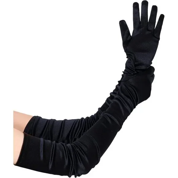Women's Long Satin Gloves Black Stretchy Upper Arm Length Costume Design