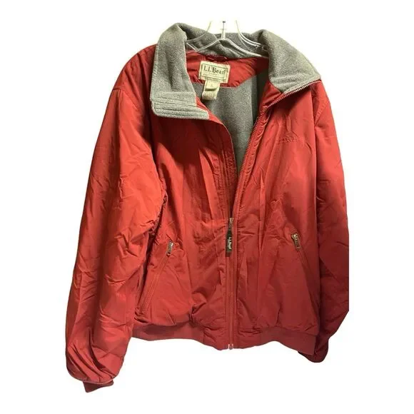 LL Bean Men's L Reg Warm Up Jacket Fleece Lined Nylon Maroon Full Zip 205107