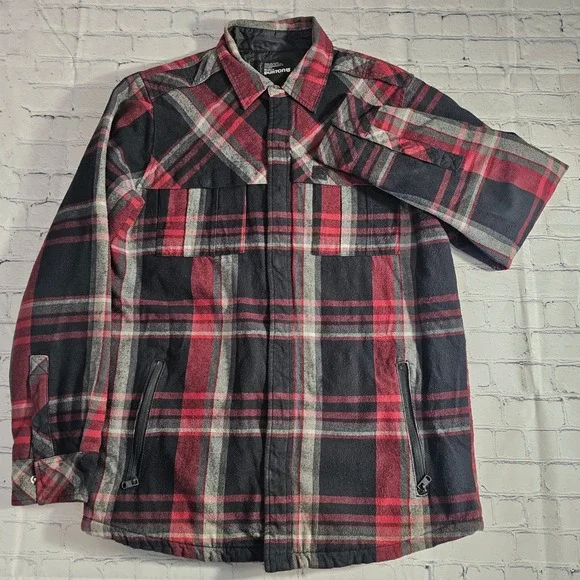 Burton Plaid Flannel Shirt‎ Jacket Men's Medium Red Black Gray Zip Pockets