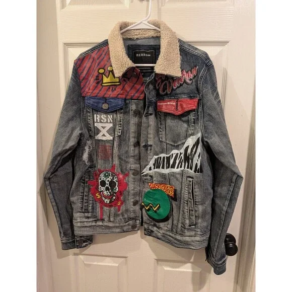Reason Denim Graphic Print Street/Biker Sherpa Collared Jacket