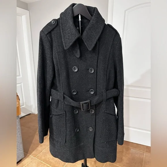H&M Charcoal Gray Double-Breasted Wool-Blend Pea Coat with Belt