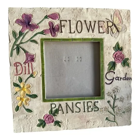Vtg Photo Frame Square 3x3 Picture Floral Garden Pansies Dill Flowers Home Decor