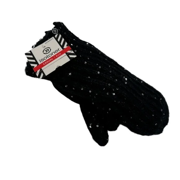 Isotoner Black Sequin‎ Womens Mittens Cable Knit Sherpasoft Lining Shimmer Cozy